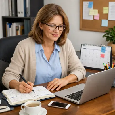 Docente reflexionando al inicio de la semana en su escritorio escolar