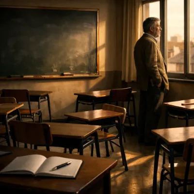 Docente reflexionando en un aula vacía sobre el sentido de la educación